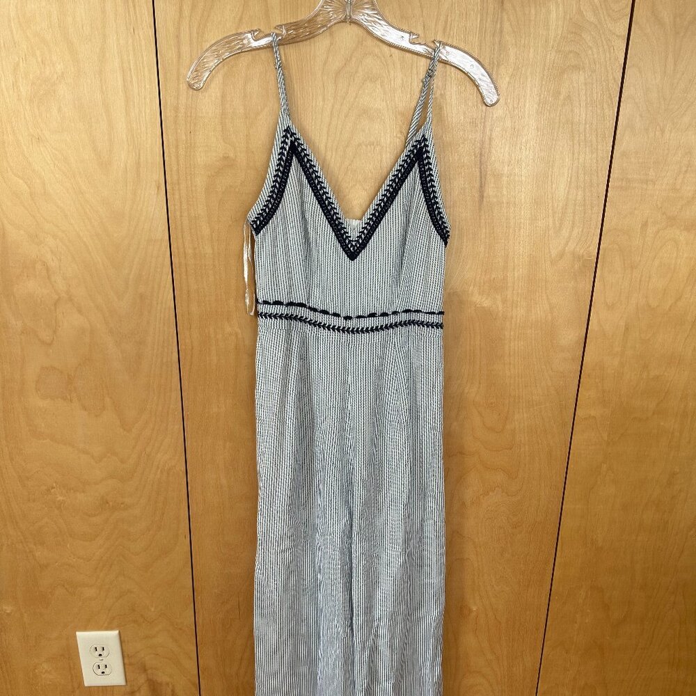 Embroidered pinstriped romper